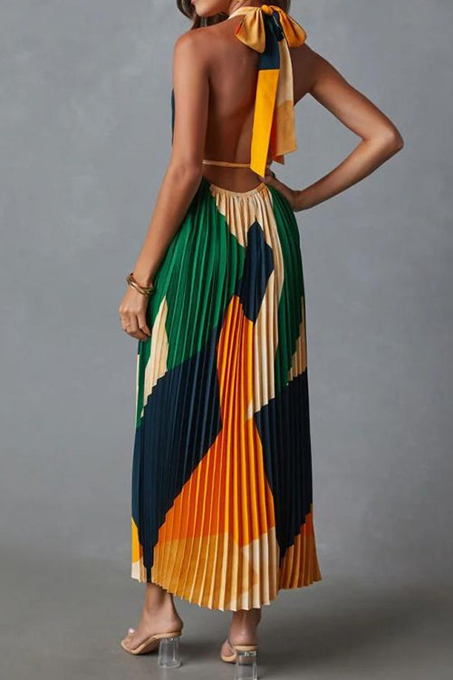 Karladress Halter Backless Color Block Printed Maxi Pleated Dress