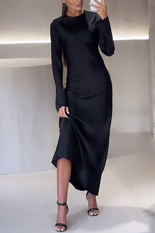 Karladress Round Neck Long Sleeves Satin Maxi Party Dress