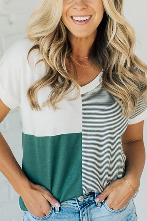 Karladress V Neck Stripe Splice Color Block T-shirt