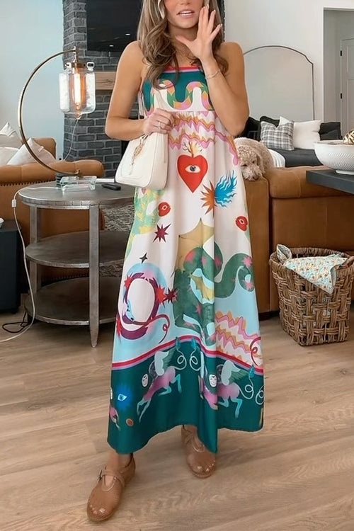 Spaghetti Strap Unique Printed Swing Maxi Dress