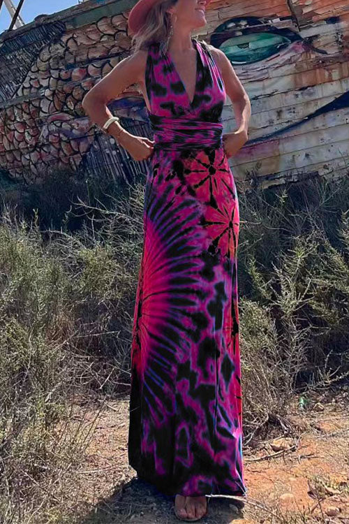 Karladress V Neck Criss Cross Backless Tie Dye Maxi A-line Dress