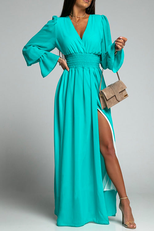 Karladress V Neck Long Sleeve Smocked Waist Maxi Slit Dress