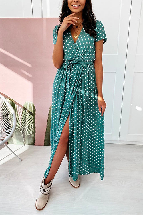 Karladress V Neck Tie Waist Polka Dot Maxi Wrapped Dress