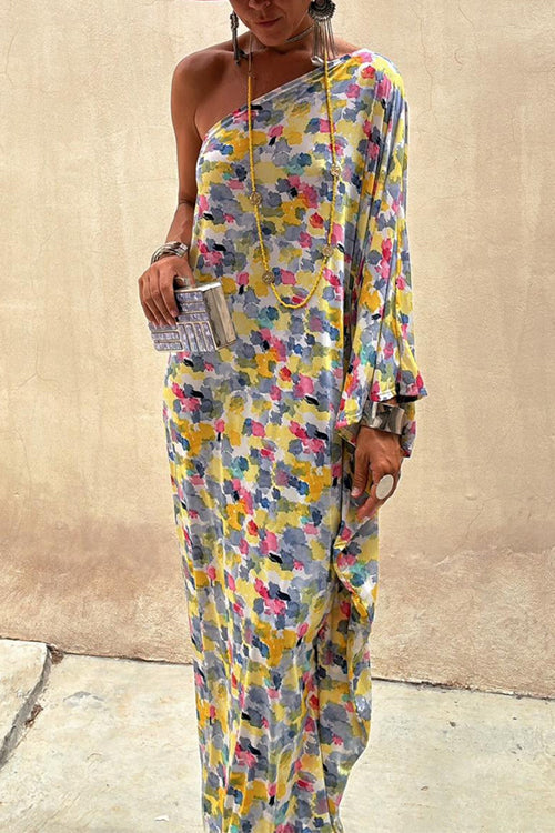 One Shoulder Batwing Sleeve Abstract Print Caftan Maxi Vacation Dress