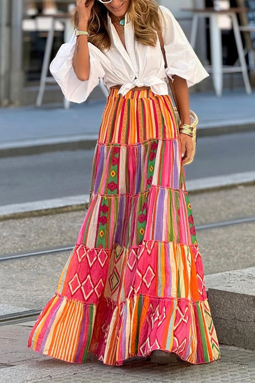 Karladress Elastic Waist Ruffle Tiered Color Block Printed Maxi Skirt