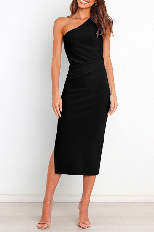 Karladress One Shoulder Ruched Side Split Midi Pencil Dress