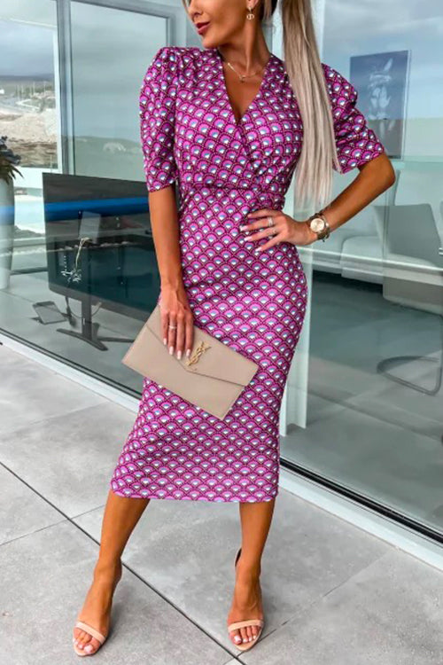 Karladress Wrap V Neck Puff Sleeves Printed Midi Bodycon Dress