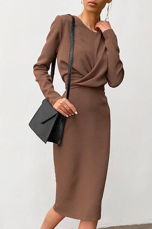 Karladress Solid Front Cross Slit Back Ruched Midi Dress