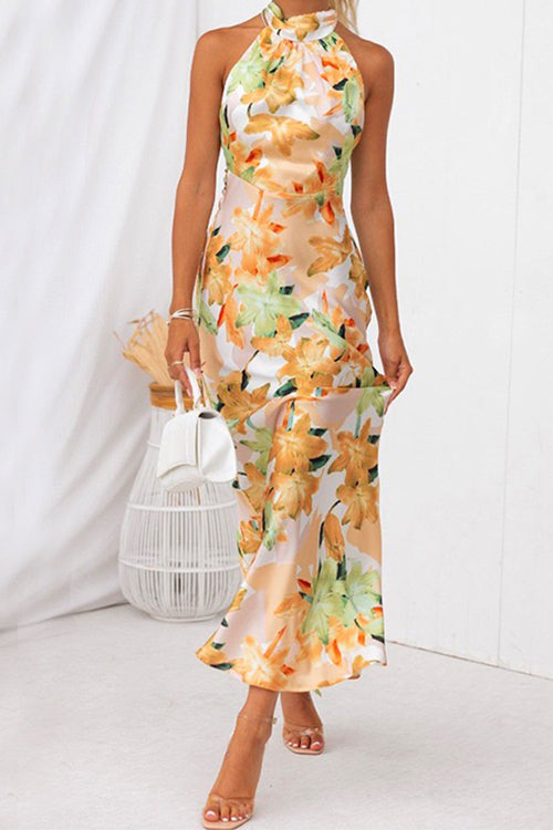 Karladress Tie Neck Backless Floral Printed Maxi Flowy Dress