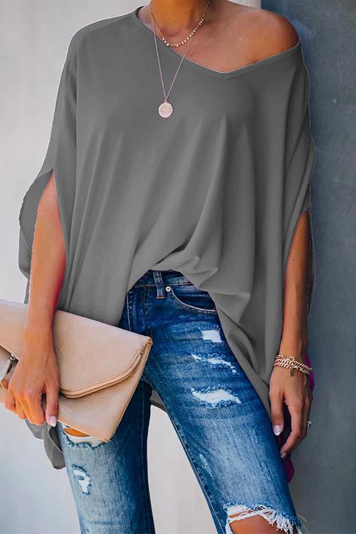 Karladress Loose V Neck Batwing Sleeve Solid T Shirt