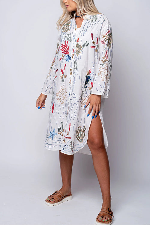 Karladress V Neck Long Sleeves Side Split Embroidery Shirt Dress