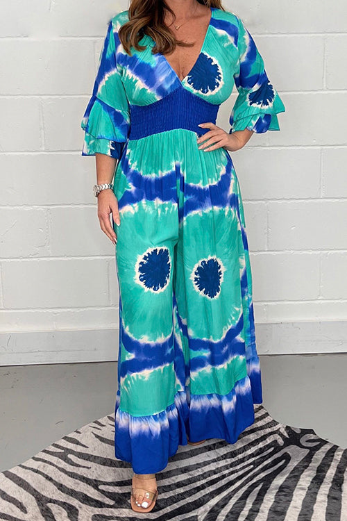 Karladress V Neck Bell Sleeves Smocked Waist Wide Leg Printed Jumpsuit