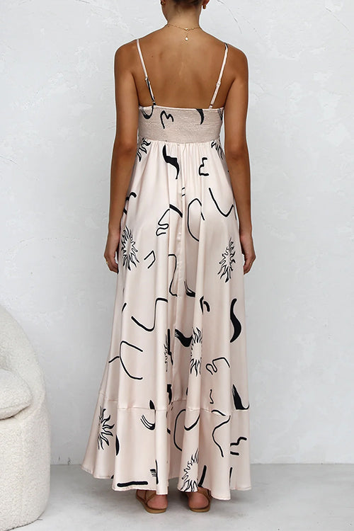 Karladress High Waist Graffiti Print Ruffle Swing Maxi Cami Dress