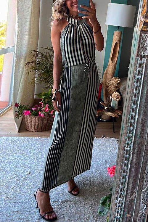 Karladress Halter Sleeveless Waisted Striped Maxi Dress