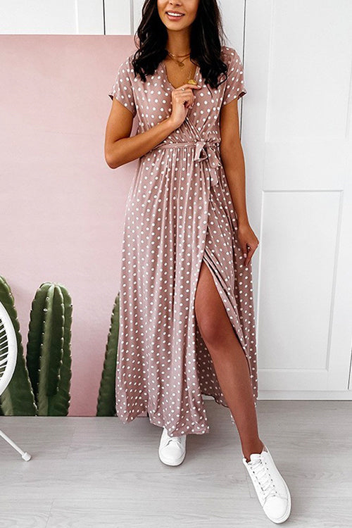 Karladress V Neck Tie Waist Polka Dot Maxi Wrapped Dress