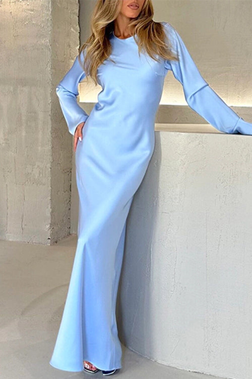 Karladress Round Neck Long Sleeves Satin Maxi Party Dress