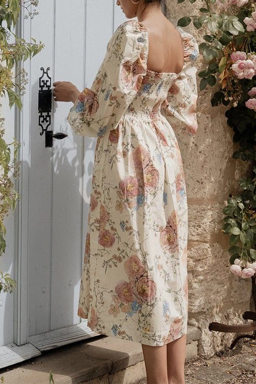 Square Neck Puff Sleeves Floral Print A-line Midi Dress