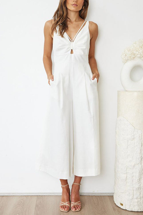 Karladress Ruched V Neck Cut Out Sleeveless Wide Leg Jumpsuit