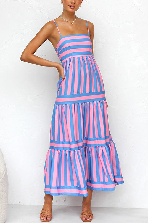 Karladress Spaghetti Strap Ruffle Tiered Color Block Striped Maxi Dress