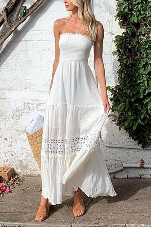 Karladress Strapless Tube Hollow Out Lace Splice Tiered Maxi Dress