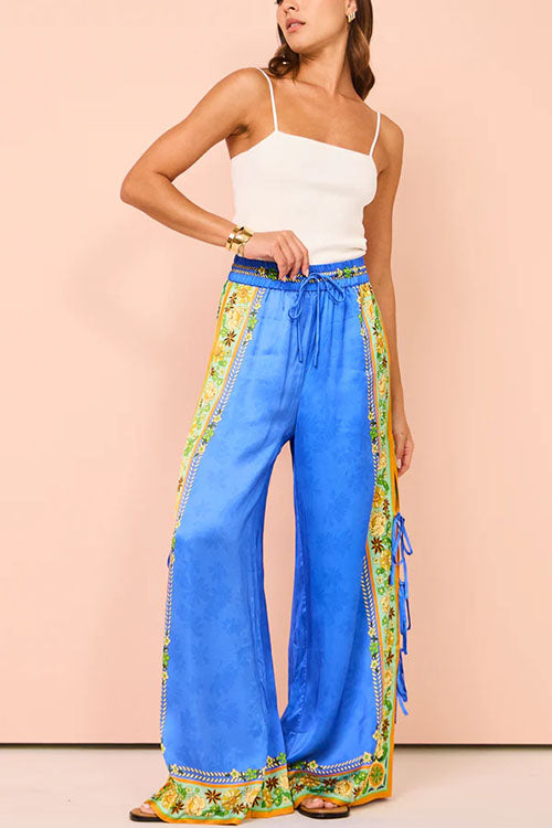 Karladress Bow Tie Side Split Cami Top Wide Leg Pants Printed Satin Set