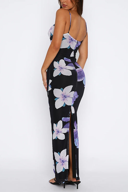 Karladress V Neck Spaghetti Strap Back Slit Floral Maxi Dress