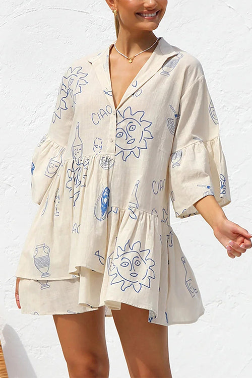 Karladress Flare Sleeves Button Down Graffiti Print Ruffle Shirt Dress