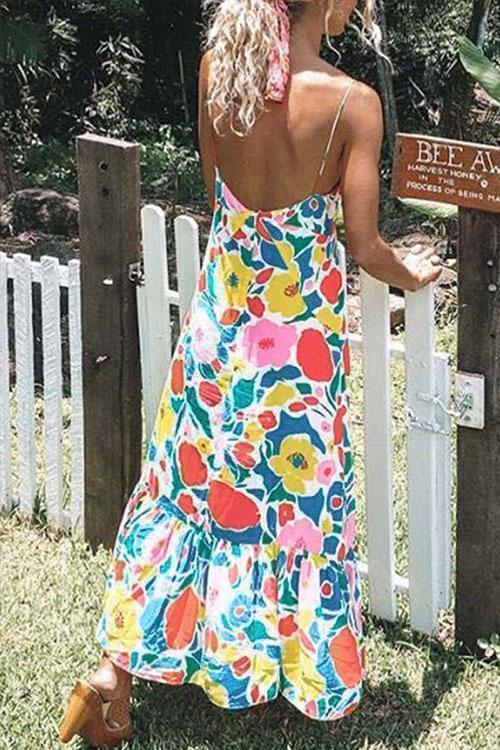 Karladress V Neck Ruffled Hem Printed Maxi Cami Dress