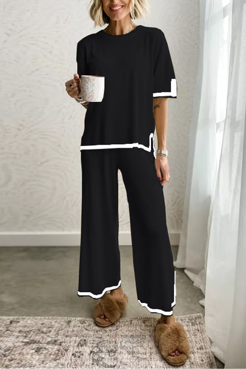 Karladress Color Block Short Sleeves Side Split Pullover Wide Leg Pants Knitting Loungewear Set