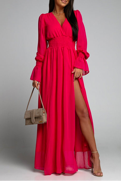 Karladress V Neck Long Sleeve Smocked Waist Maxi Slit Dress