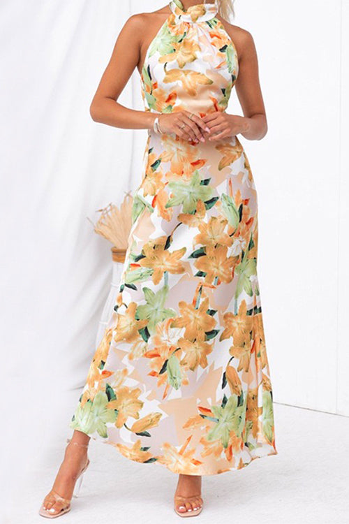 Karladress Tie Neck Backless Floral Printed Maxi Flowy Dress