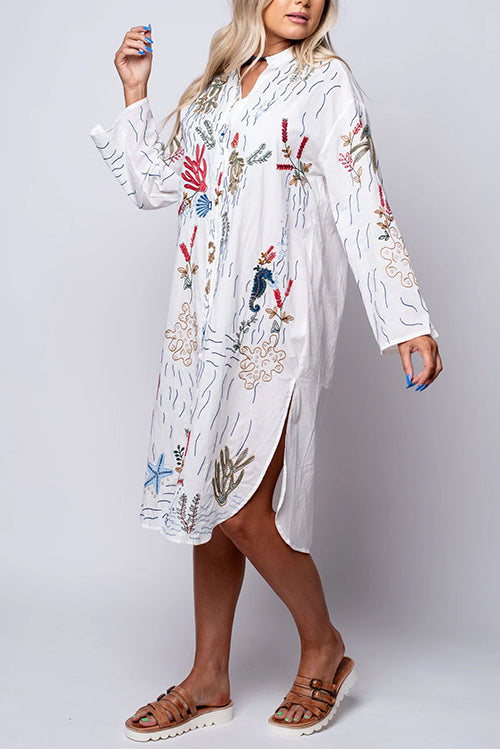 Karladress V Neck Long Sleeves Side Split Embroidery Shirt Dress