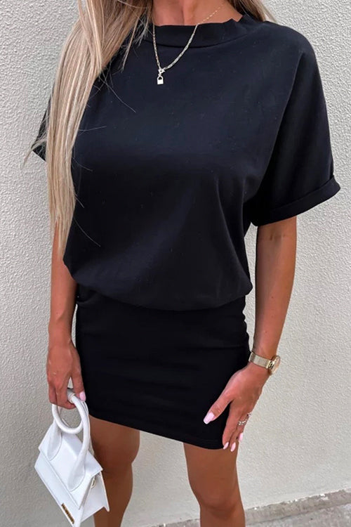 Karladress Crewneck Short Sleeve Waisted Solid Mini Dress