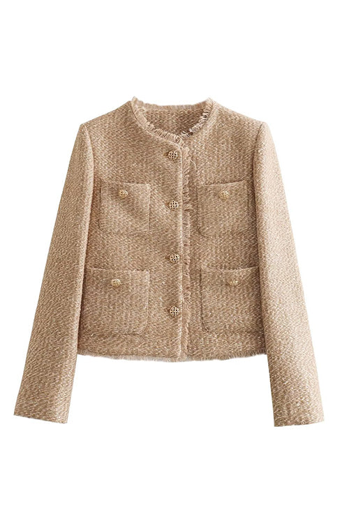 Karladress Button Up Frayed Hem Short Tweed Jacket