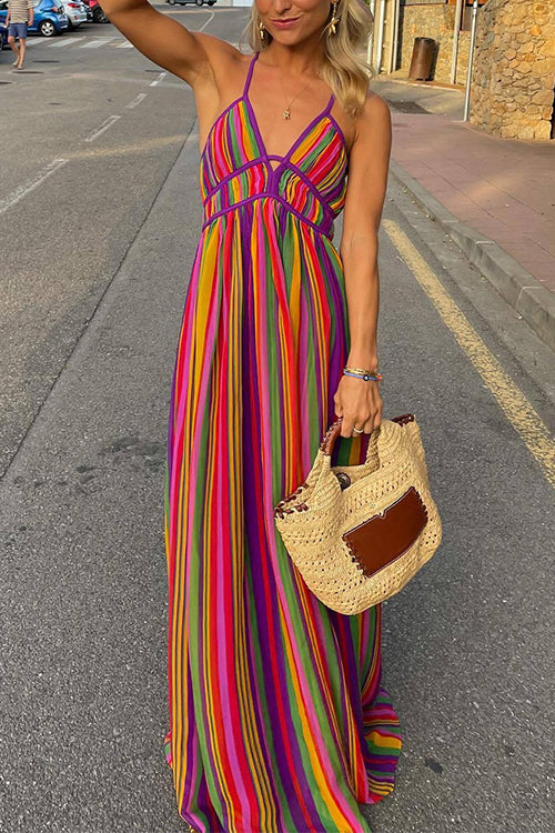 Karladress V Neck Backless Rainbow Stripes Cami Maxi Holiday Dress