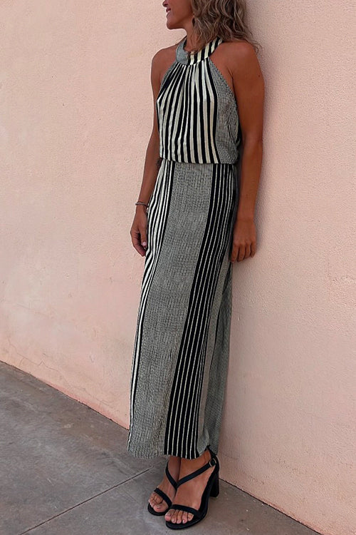 Karladress Halter Sleeveless Waisted Striped Maxi Dress