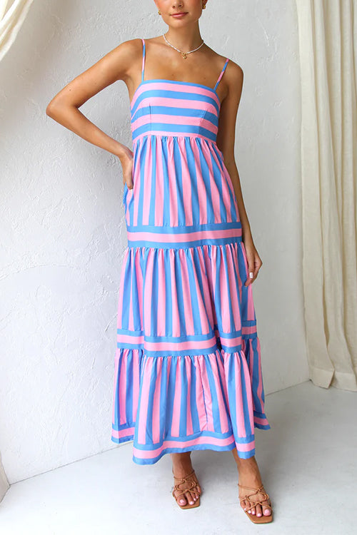 Karladress Spaghetti Strap Tiered Color Block Striped Maxi Dress