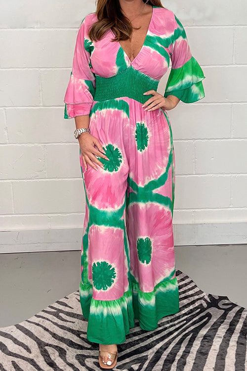 Karladress V Neck Bell Sleeves Smocked Waist Wide Leg Printed Jumpsuit