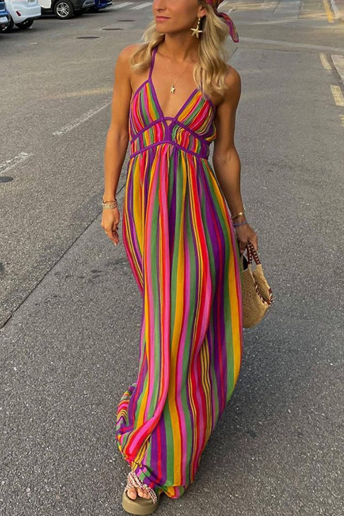 Karladress V Neck Backless Rainbow Stripes Cami Maxi Holiday Dress