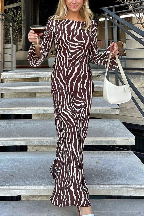 Karladress Boat Neck Bell Sleeves Animal Print Maxi Dress