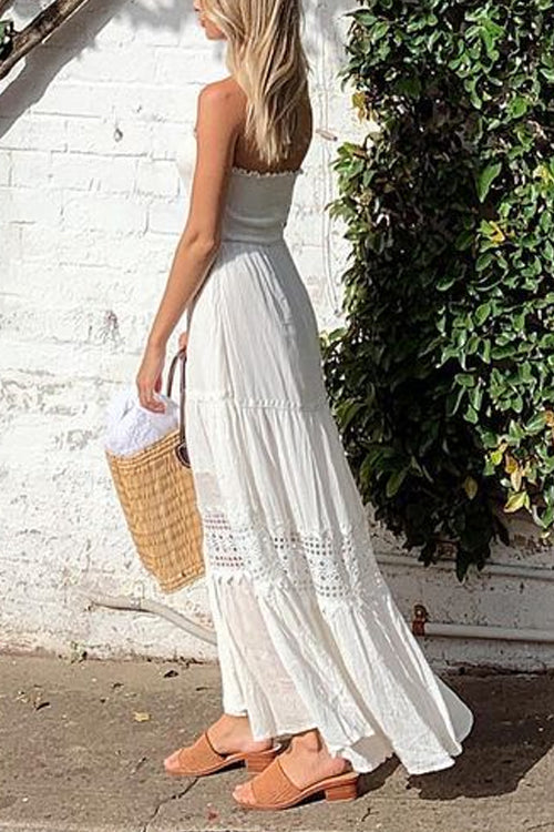 Karladress Strapless Tube Hollow Out Lace Splice Tiered Maxi Dress