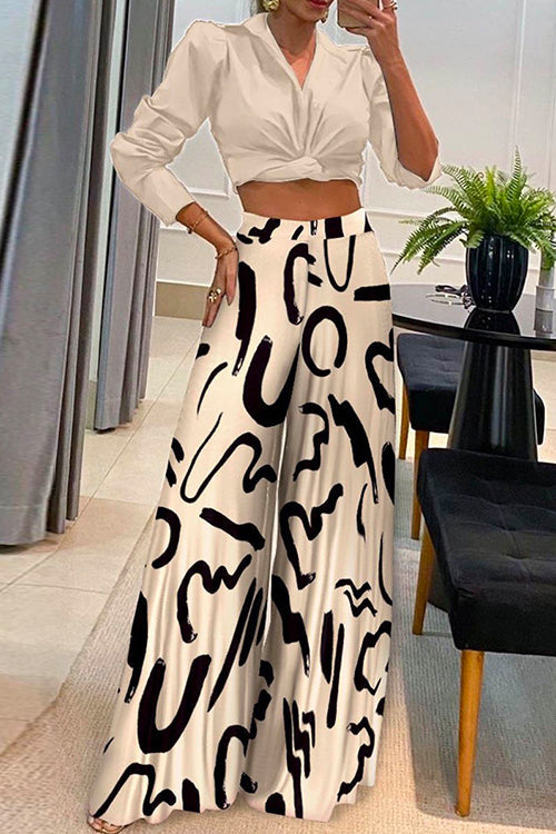 Karladress Twist Knot Long Sleeve Crop Top Printed Wide Leg Pants Set