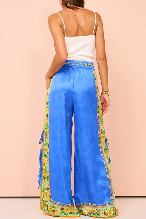 Karladress Bow Tie Side Split Cami Top Wide Leg Pants Printed Satin Set