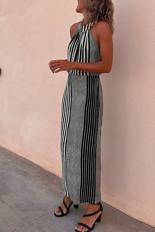 Karladress Halter Sleeveless Waisted Striped Maxi Dress