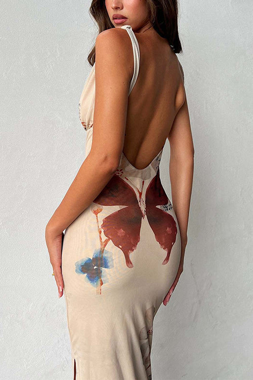 Karladress V Neck Sleeveless Open Back Side Slit Printed Maxi Dress