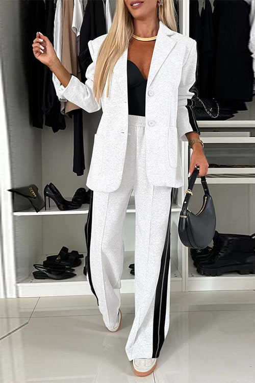 Karladress Patchwork Notch Lapel Pocketed Blazer Elastic Waist Wide Leg Pants Casual Set