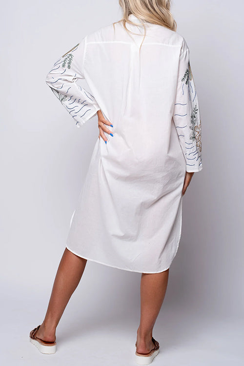 Karladress V Neck Long Sleeves Side Split Embroidery Shirt Dress