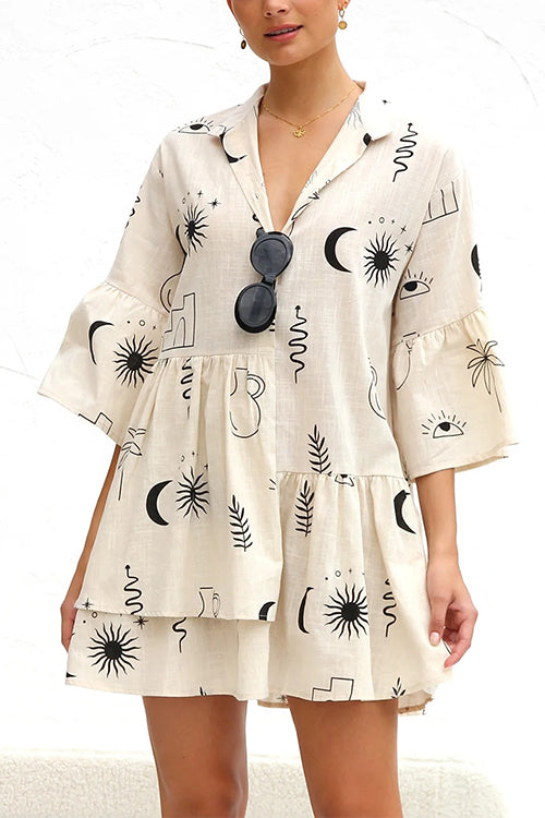 Karladress Flare Sleeves Button Down Graffiti Print Ruffle Shirt Dress