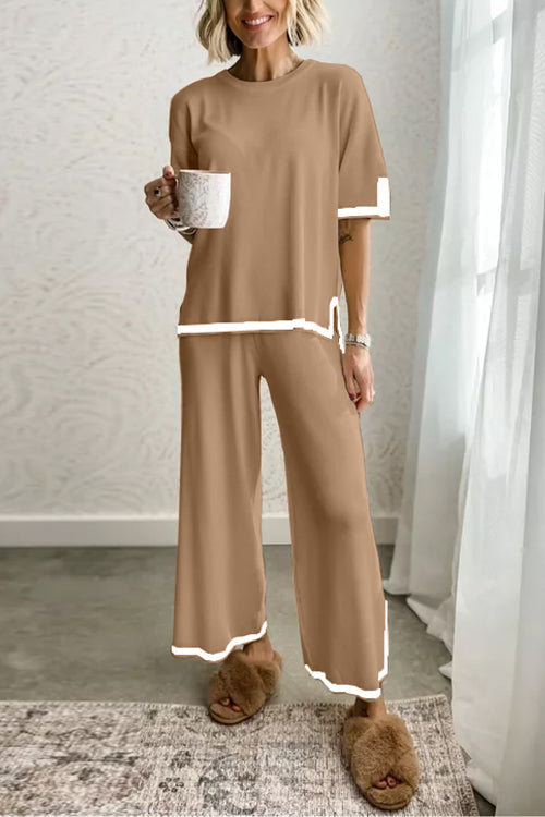 Karladress Color Block Short Sleeves Side Split Pullover Wide Leg Pants Knitting Loungewear Set