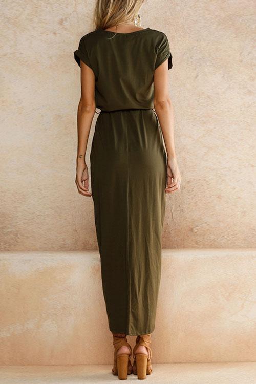 Karladress Short Sleeve Tie Waist Slit Midi Dress